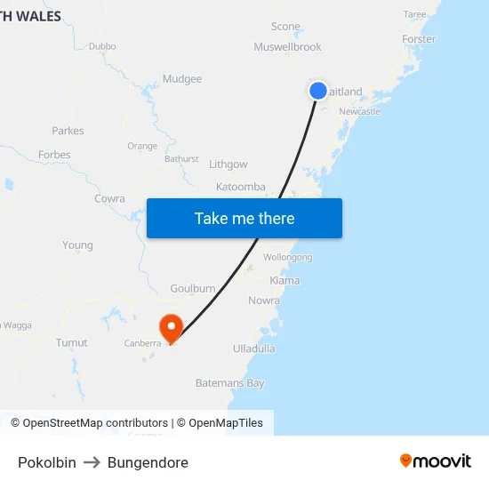 Pokolbin to Bungendore map