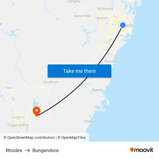 Rhodes to Bungendore map
