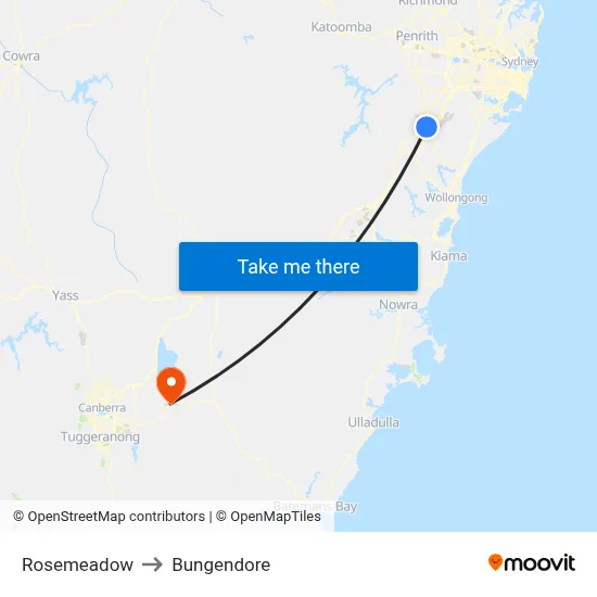 Rosemeadow to Bungendore map