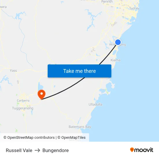 Russell Vale to Bungendore map