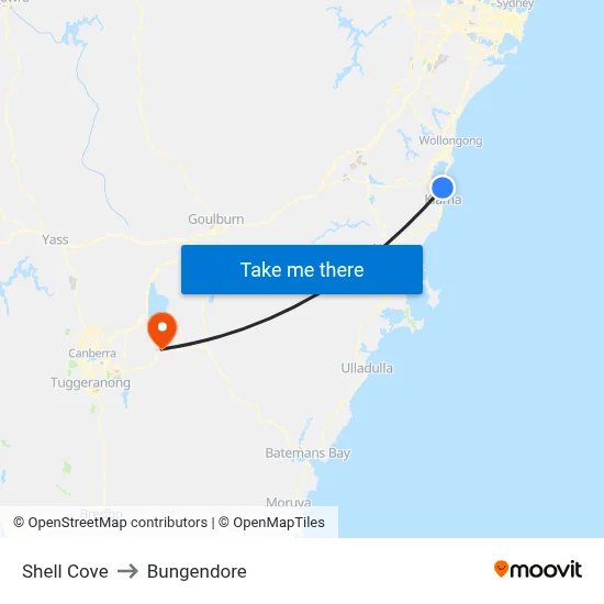 Shell Cove to Bungendore map