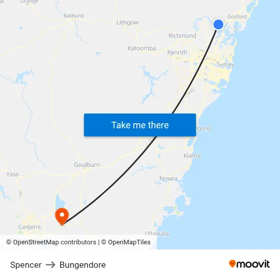 Spencer to Bungendore map