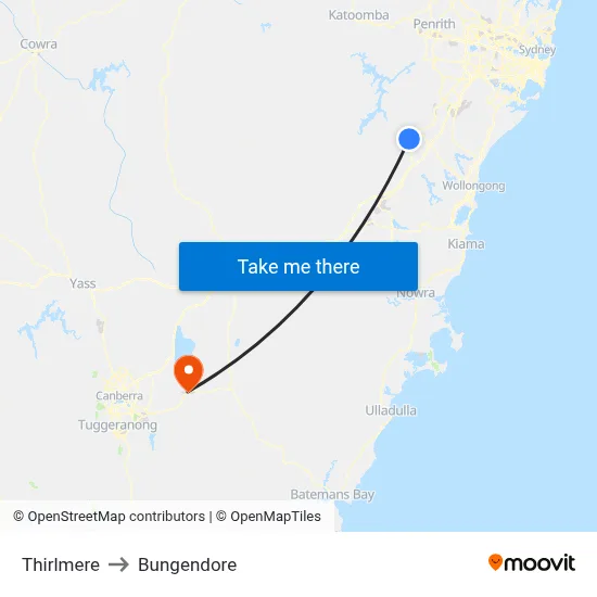 Thirlmere to Bungendore map