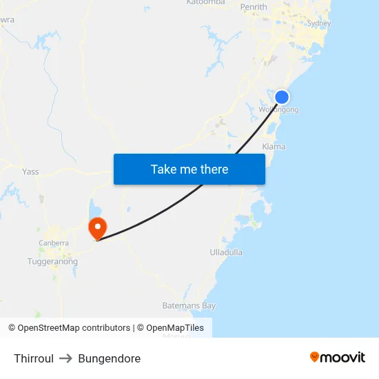 Thirroul to Bungendore map