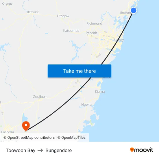 Toowoon Bay to Bungendore map
