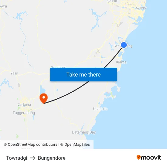 Towradgi to Bungendore map
