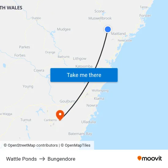 Wattle Ponds to Bungendore map