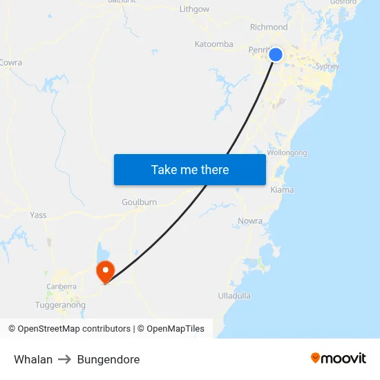 Whalan to Bungendore map