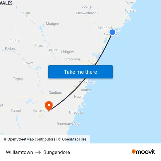 Williamtown to Bungendore map