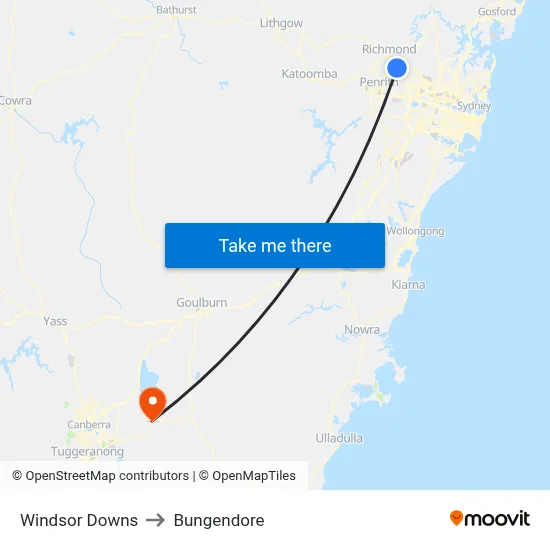 Windsor Downs to Bungendore map