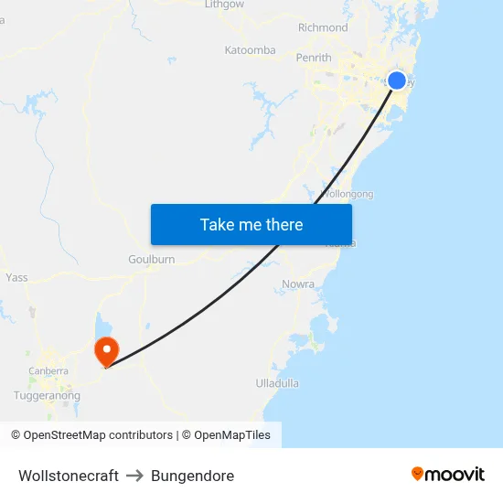 Wollstonecraft to Bungendore map