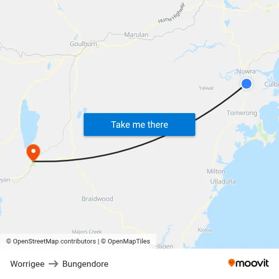 Worrigee to Bungendore map