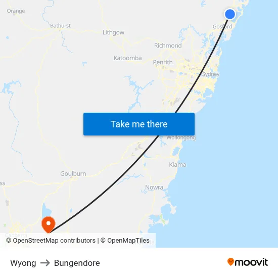Wyong to Bungendore map