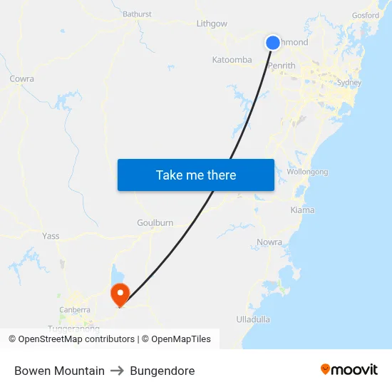 Bowen Mountain to Bungendore map