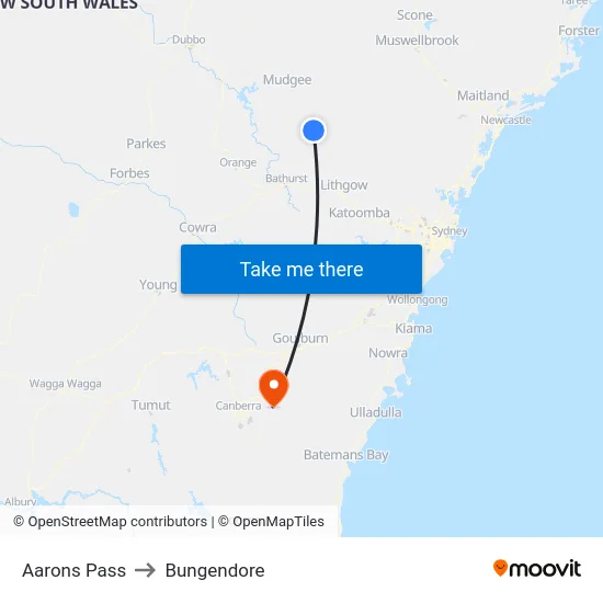 Aarons Pass to Bungendore map