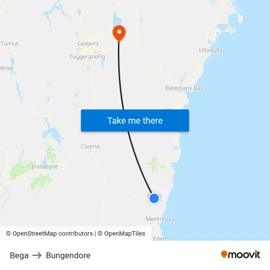 Bega to Bungendore map