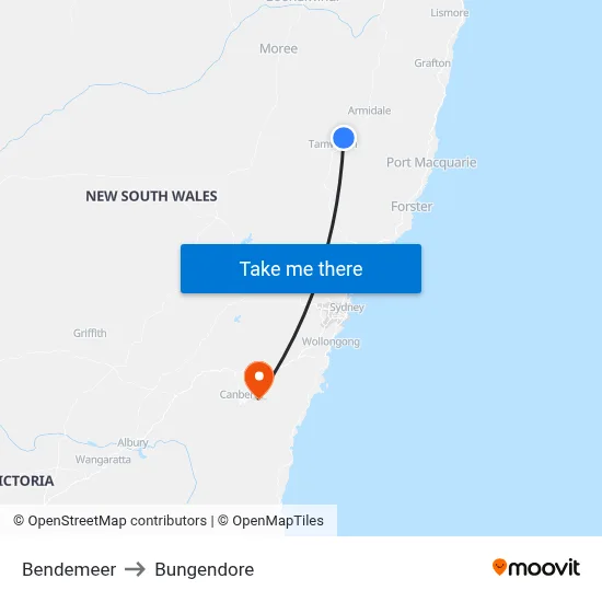 Bendemeer to Bungendore map