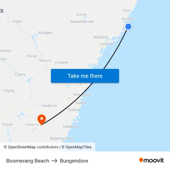 Boomerang Beach to Bungendore map
