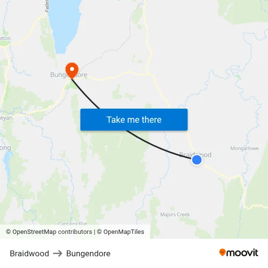 Braidwood to Bungendore map