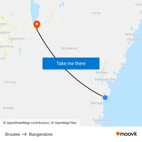 Broulee to Bungendore map