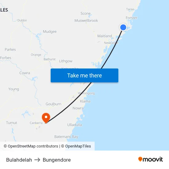 Bulahdelah to Bungendore map