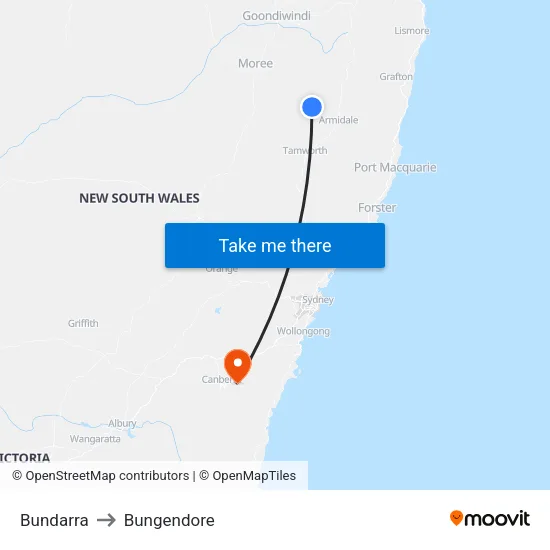 Bundarra to Bungendore map