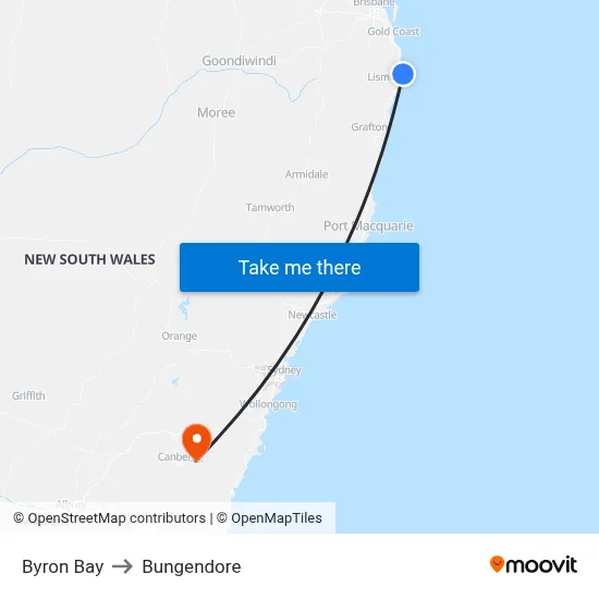 Byron Bay to Bungendore map