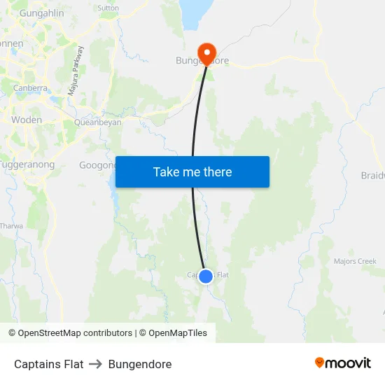 Captains Flat to Bungendore map