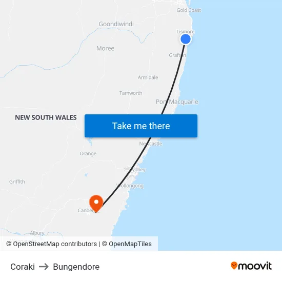 Coraki to Bungendore map
