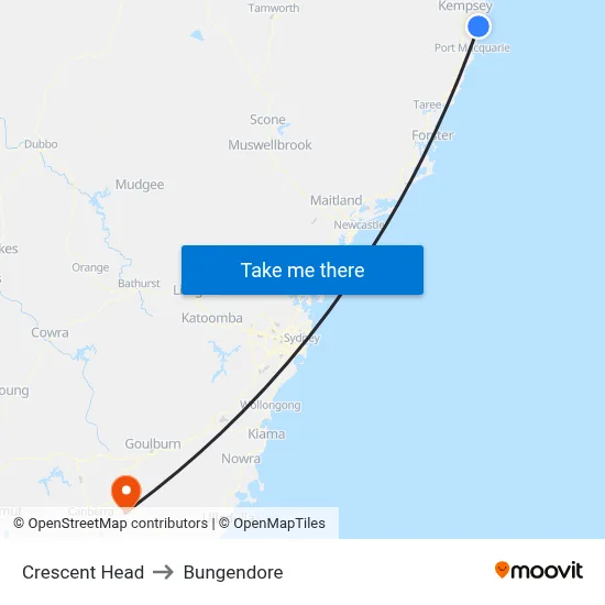 Crescent Head to Bungendore map
