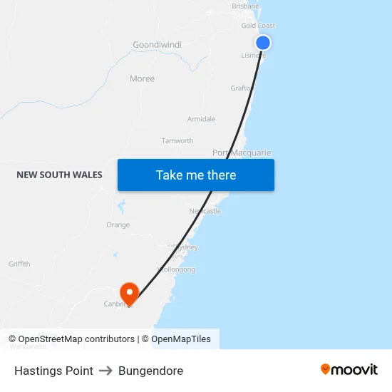 Hastings Point to Bungendore map