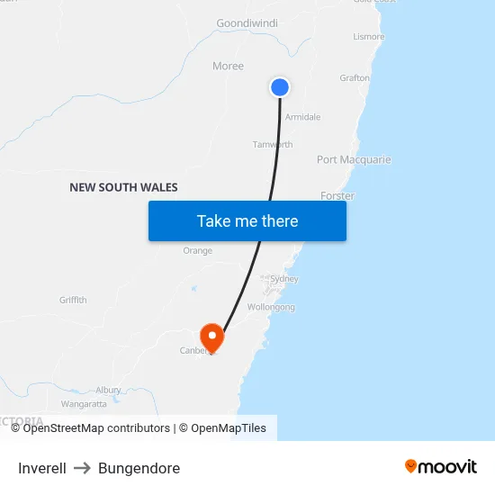 Inverell to Bungendore map