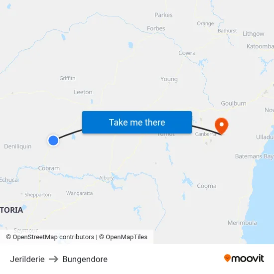 Jerilderie to Bungendore map
