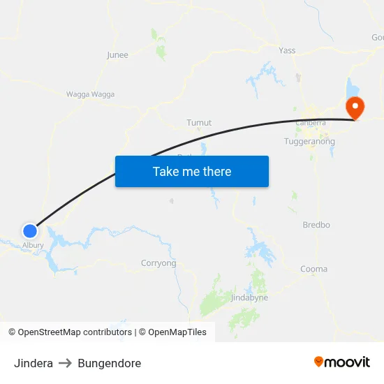 Jindera to Bungendore map