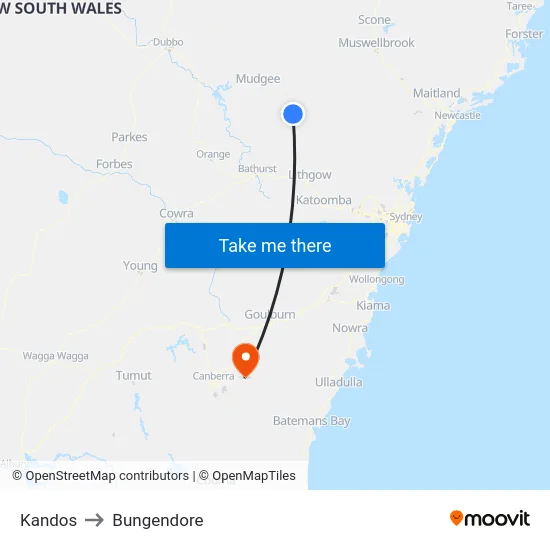 Kandos to Bungendore map