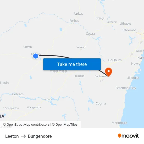 Leeton to Bungendore map