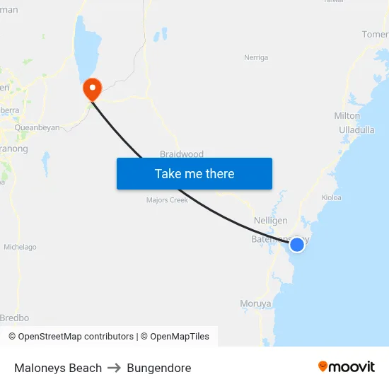 Maloneys Beach to Bungendore map