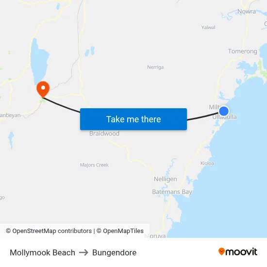 Mollymook Beach to Bungendore map