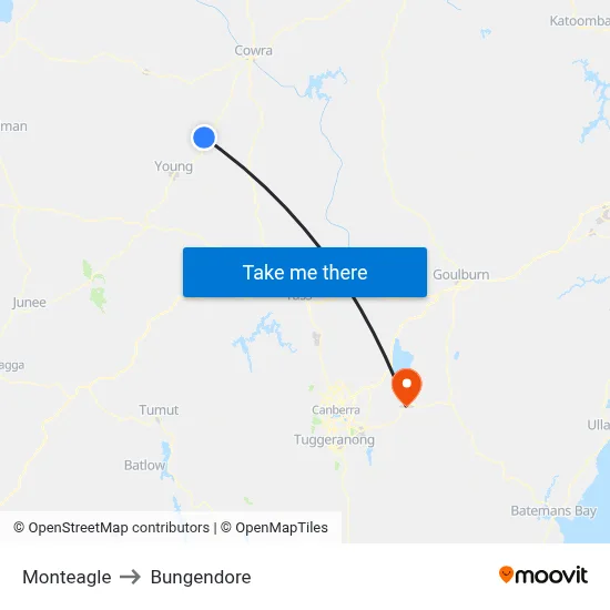 Monteagle to Bungendore map