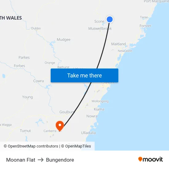 Moonan Flat to Bungendore map
