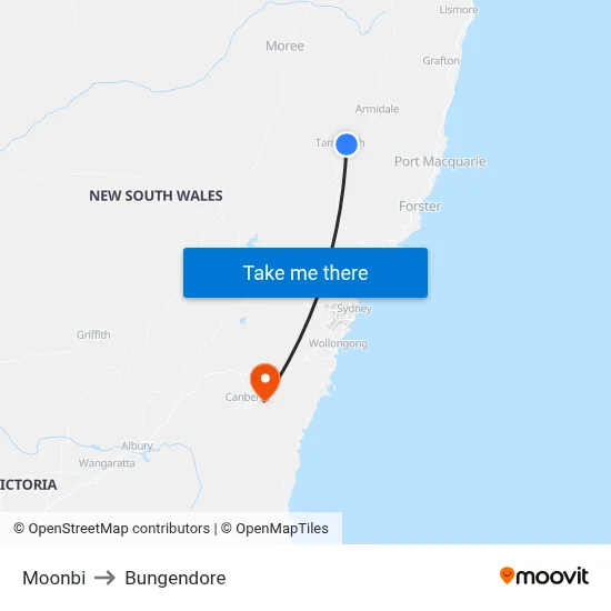 Moonbi to Bungendore map