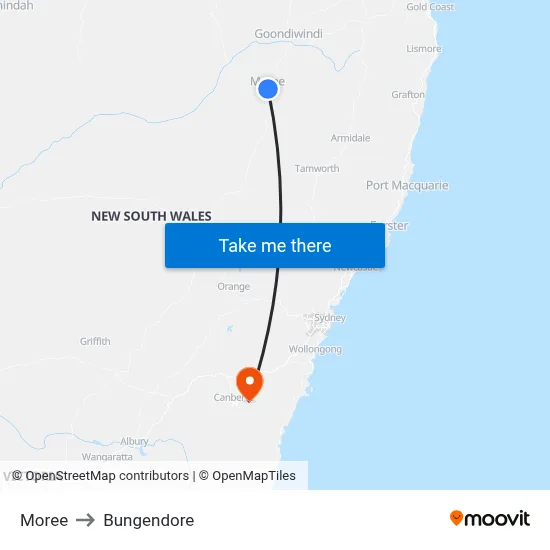 Moree to Bungendore map