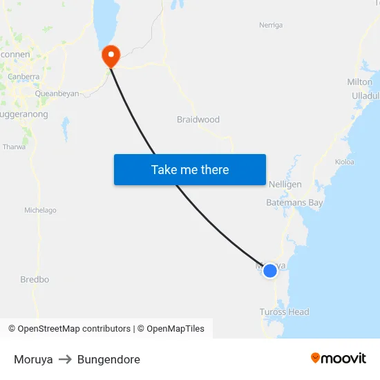 Moruya to Bungendore map