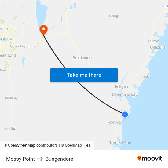 Mossy Point to Bungendore map