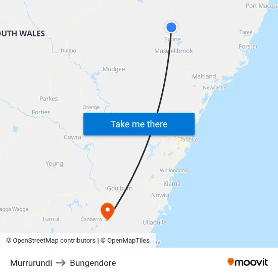 Murrurundi to Bungendore map