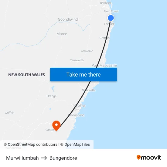 Murwillumbah to Bungendore map