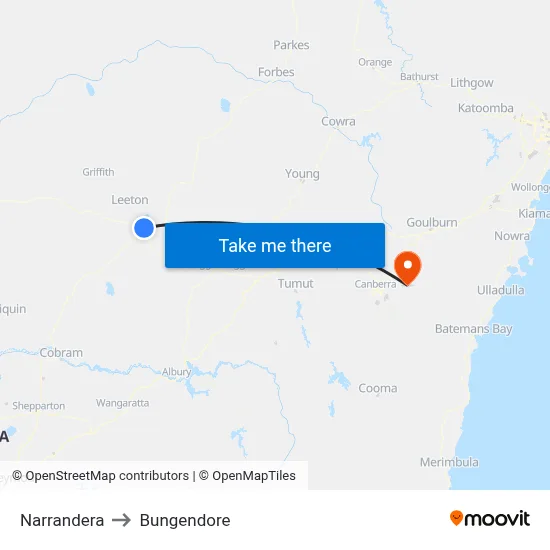 Narrandera to Bungendore map