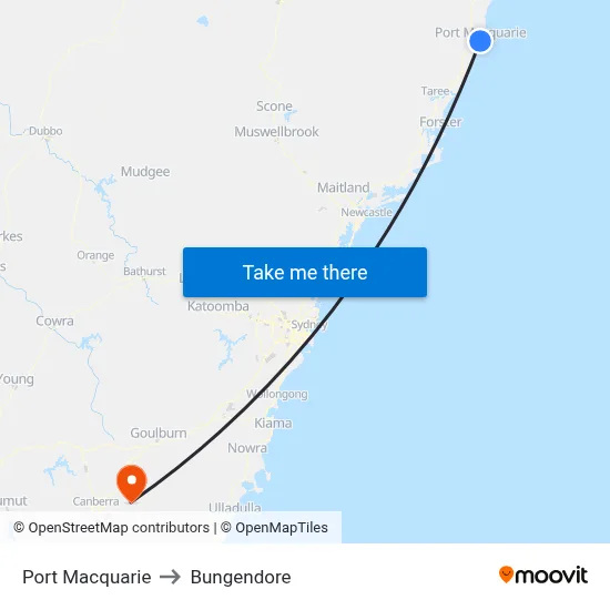 Port Macquarie to Bungendore map