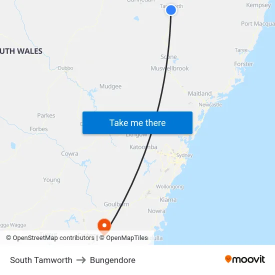 South Tamworth to Bungendore map