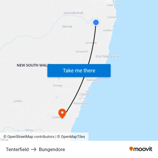Tenterfield to Bungendore map
